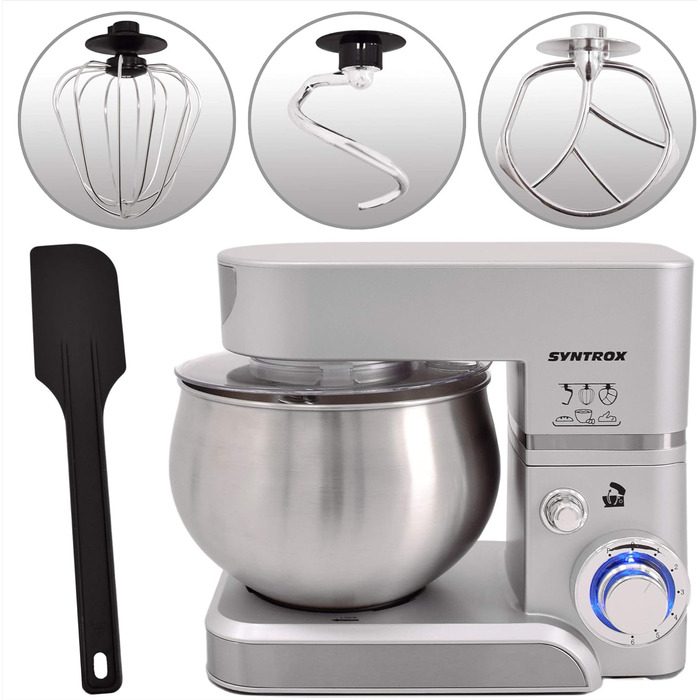 Кухонна машина Syntrox Germany KM-5.0L Basic Silver, 5 л, срібляста, міксер з нержавіючої сталі