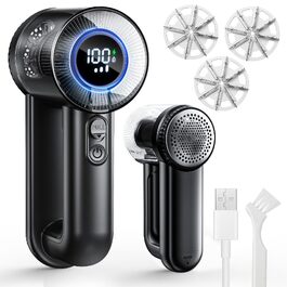 Електрична машинка для видалення ковтушків 1800mAh, USB-зарядка, 3 швидкості, LED-дисплей, набір з 3 змінних лез для одягу та меблів, чорна