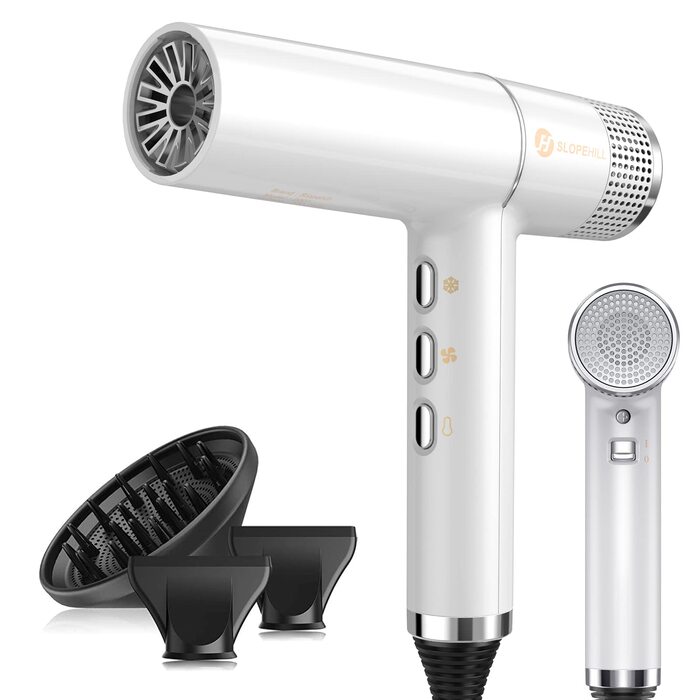 Фен для волосся slopehill 2000W з безщітковим мотором, Oxy Active Technology, LED-дисплеєм та мікрофільтром, білий