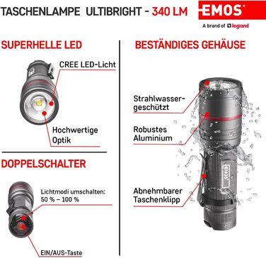 Ліхтарик EMOS Ultibright 70 CREE LED металевий, з фокусуванням, 2 режими світла, ударостійкий, водонепроникний IP65, 340 лм, до 200 м, із кліпсою та ручкою, для дому й вулиці, сірий