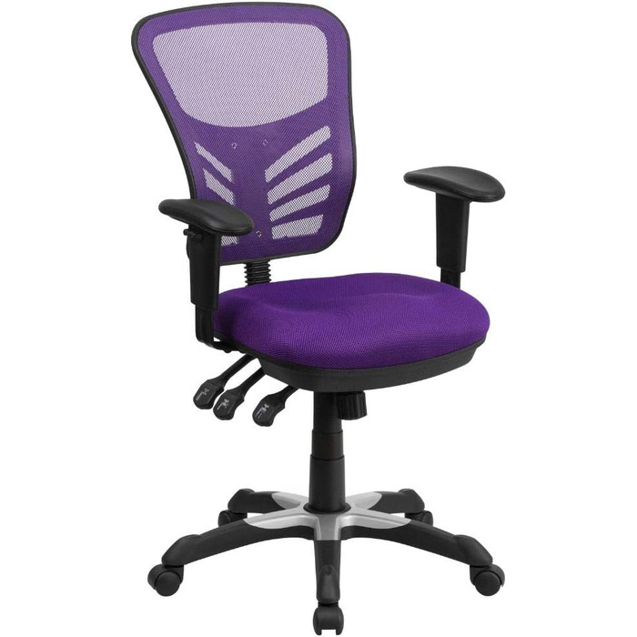 Ергономічне офісне крісло Flash Furniture з сітчастою спинкою, анатомічним та регульованим по висоті сидінням, 3 важелями керування, фіолетове
