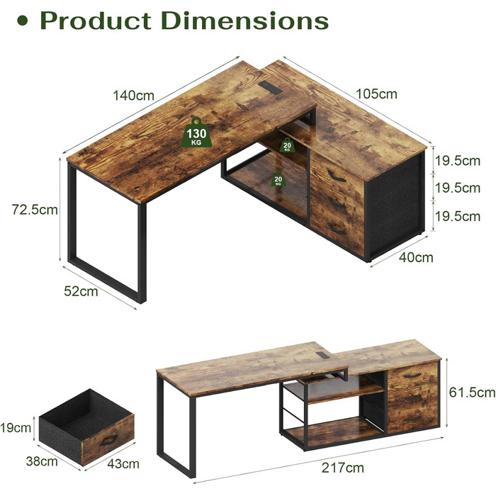 Кутовий письмовий стіл JUMMICO з шухлядами, 140x105x75 см, коричневий, з USB та розетками