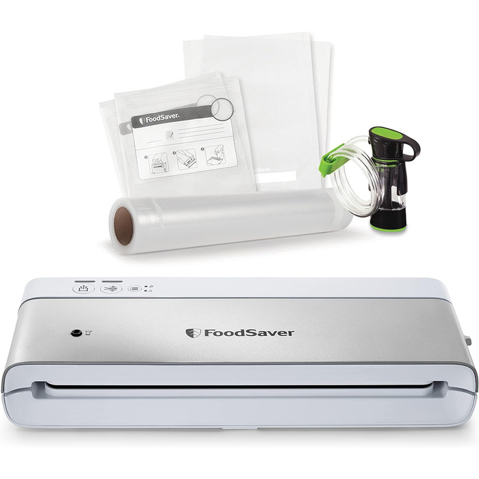 Компактний вакууматор FoodSaver VS0100X з ручним пристроєм для вакуумування, сріблястий (1 рулон та 4 пакети в комплекті)