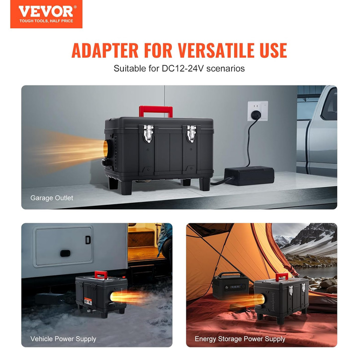 Дизельний обігрівач VEVOR 8 кВт 12/24 В з Bluetooth, пульт, дисплей, CO-датчик, горизонтальний, портативний