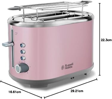Тостер Russell Hobbs Hanley на 2 тости, рожевий - 6 режимів, розморожування, підігрів, широкі слоти, підставка для булочок