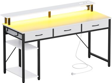 Письмовий стіл Seventable з шухлядами, комп'ютерний стіл з розетками та LED, геймерський стіл з підставкою для монітора, полицею та 2 гаками, для офісу/вітальні (білий, 137 см)