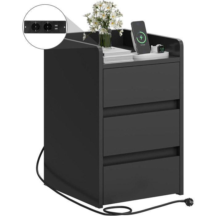 Тумба приліжкова YITAHOME з 3 шухлядами, USB-зарядкою та розетками, водостійка, для спальні та вітальні, 35x40x60 см, біла