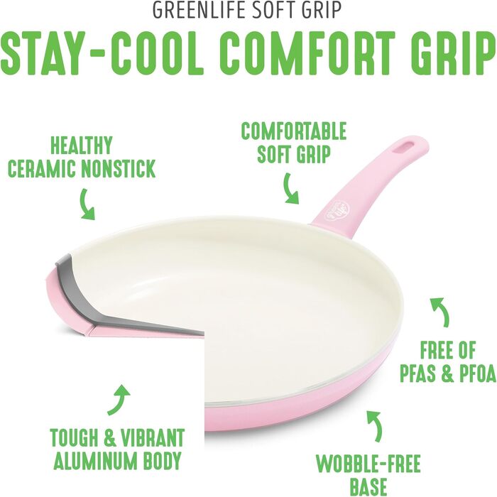 Набір посуду GreenLife Soft Grip Gesunde Keramik антипригарний 18 предметів рожевий: каструлі, сковороди, кришки та кухонні аксесуари, без PFAS, для індукції, посудомийна машина