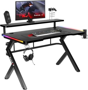 Ігровий стіл Huzaro Hero 5.0 RGB з LED-підсвіткою, моніторною підставкою, гачком для навушників і тримачем для напоїв, карбонова стільниця 120x60 см, чорний