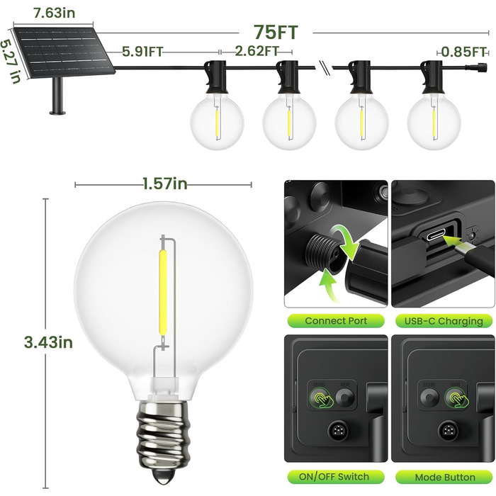 Гірлянда вулична LED 45м G40, тепла біла, IP44, для саду, тераси, весіль, свят, 24V (Солярна - 22м)