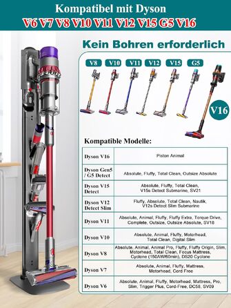 Металевий стійка-тримач для пилососа JUPELI, сумісний з Dyson V16, Gen5, V15, V12, V11, V10, V8, V7, V6, підставка для пилососа та аксесуарів, без свердління, темно-сірий