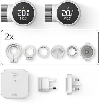 tado Smartes Heizkörperthermostat X – Стартовий набір з мостом X, керування опаленням через додаток та голосових помічників (Alexa, Siri, Google Assistant), енергозбереження, DIY встановлення. Набір: 2 термостати на радіатор