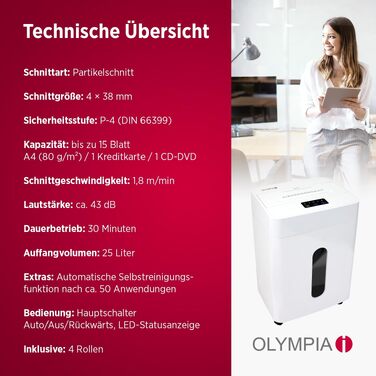 Шредер для паперу та кредитних карток Olympia CC 2515 S, знищення 10 аркушів, P4 (мікрорізка), кошик 10 л, білий