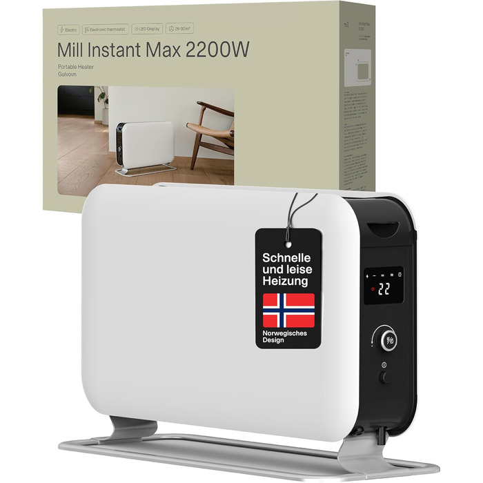 Електричний конвекторний обігрівач Mill 2200W для приміщень 26-30 м² з таймером, білий
