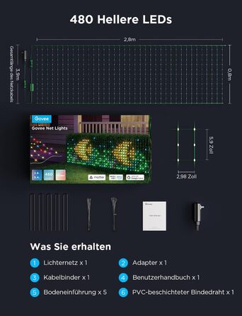 Світлодіодна сітка Govee для кущів 480 LED, 0,88×2,86 м, розумна гірлянда для вулиці з режимами, DIY, для Хелловіну, газону, IP65, сумісна з Alexa