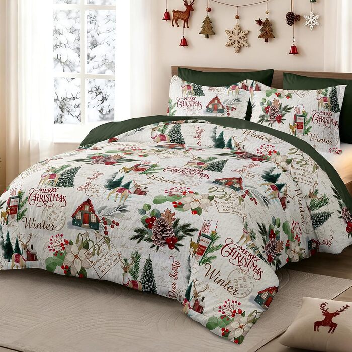 Комплект зимової постільної білизни WONGS BEDDING з новорічним принтом (Ялинка), мікрофібра, 2 предмети: підковдра 135x200 см та наволочка 80x80 см