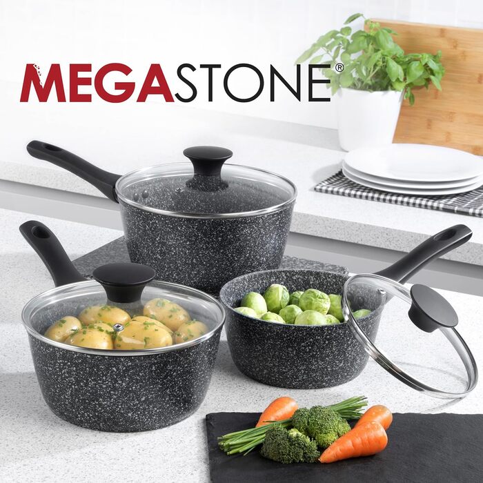 Набір каструль Salter Megastone 3 шт.: антипригарне покриття, жароміцне скло, індукція, 16/18/20 см, PFOA-вільні, для посудомийки
