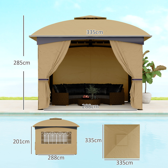 Outsunny Альтанка приблизно 3,4x3,4 м водовідштовхувальна Садова альтанка з 4 бічними панелями, подвійним дахом, намет для вечірок із захистом від ультрафіолету Садовий намет з оцинкованим металевим каркасом, для саду бежевий