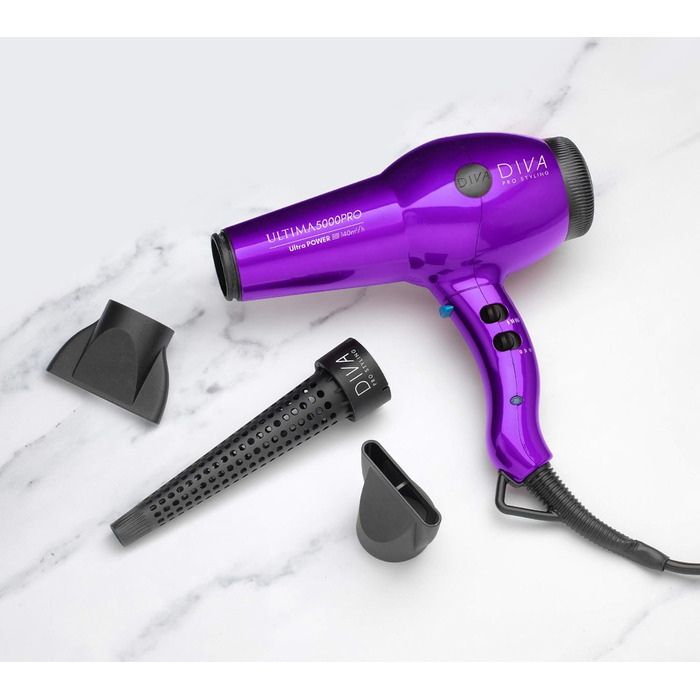 Фен для волосся DIVA Pro Styling Ultima 5000 Pro, 2200 Вт, 4 режими нагріву, 2 швидкості, функція холодного повітря, фіолетовий