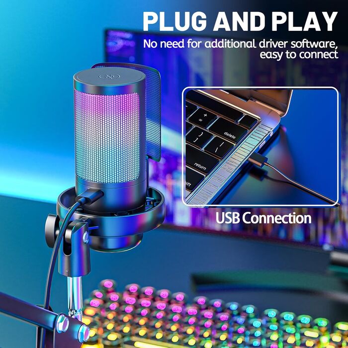 Anykuu USB мікрофон для геймінгу: конденсаторний, Plug&Play, з адаптером USB-C та кабелем 1.5м для PC, PS4/PS5, iOS/Windows/Android