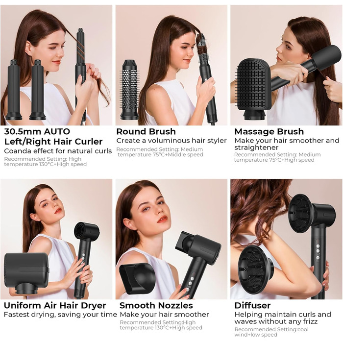 UKLISS Airstyler Pro 7 в 1: Фен-щітка з дифузором, 1400 Вт, професійний стайлер для сушіння, завивки та випрямлення волосся, чорно-золотий