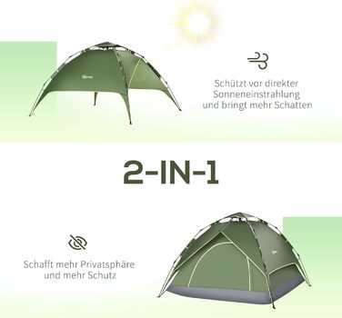 Намет для кемпінгу Outsunny Quick-Up, сімейний, 2 дорослих + 1 дитина, 4 сезони, водонепроникний, 2 входи, поліестер, скловолокно, 210x210x140 см, темно-зелений, сумка для перенесення
