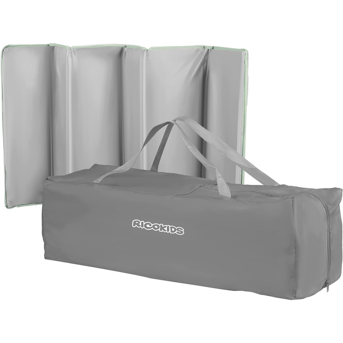 Дитяче ліжечко-манеж Ricokids, складне, з матрацом, 125x65x78 см, 15 кг, дві колеса з гальмами, знімний бічний вхід, сумка, світло-сірий та м'ятний колір