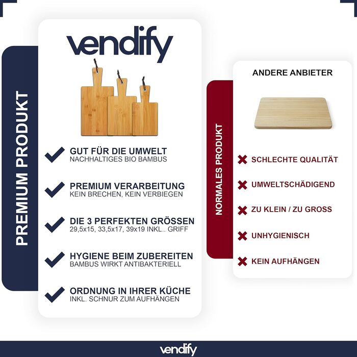 Набір дощок для нарізання vendify, 3 шт., 100% бамбук, антибактеріальні кухонні дошки для сніданку, різні розміри
