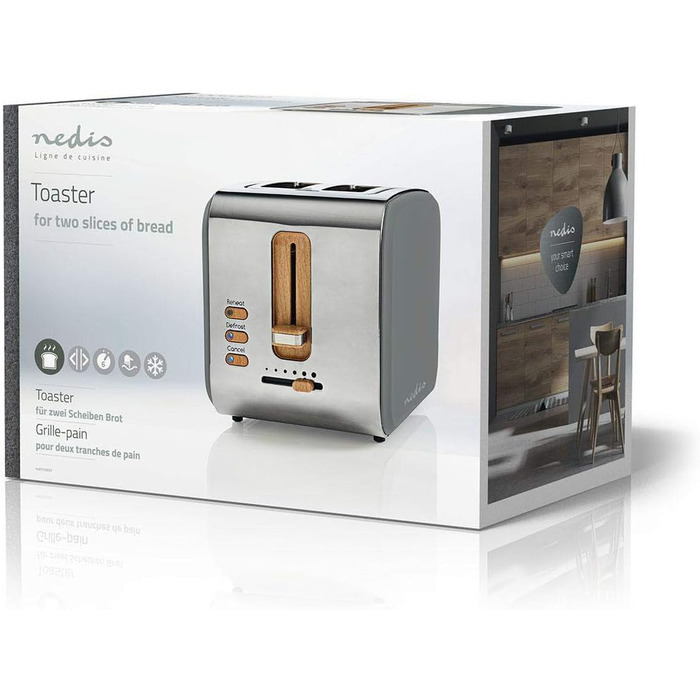 Тостер Nedis Soft Touch на 2 скибки, 6 режимів підсмажування, функції підігріву, розморожування та зупинки, для тостів, бейґлів, мафінів, сірий