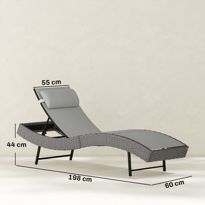Шезлонг з ротангу Polyrattan S-подібної форми з 5-рівневим регулюванням спинки, підголівником, дихаючою тканиною та захистом від ультрафіолету.