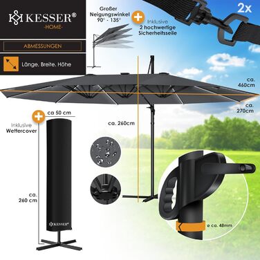 Двомісний парасольковий тент KESSER 4,6x2,7 м з LED, алюмінієвий, водостійкий, з підставкою, вітрозахист, антрацит, 360° обертання, кривошип, нахил
