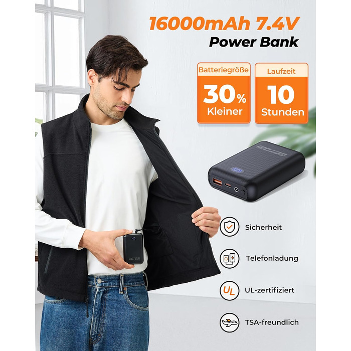 Зігріваюча флісова жилетка для чоловіків з акумулятором 16000mAh, 9 зон підігріву, колір чорний, розмір L