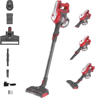 Пилосос акумуляторний Hoover H-FREE 100 HOME без мішка, до 40 хв роботи, бездротовий, з LED-підсвіткою, XL контейнером для пилу, паркувальною функцією, щілинною насадкою та щіткою, червоний/титановий