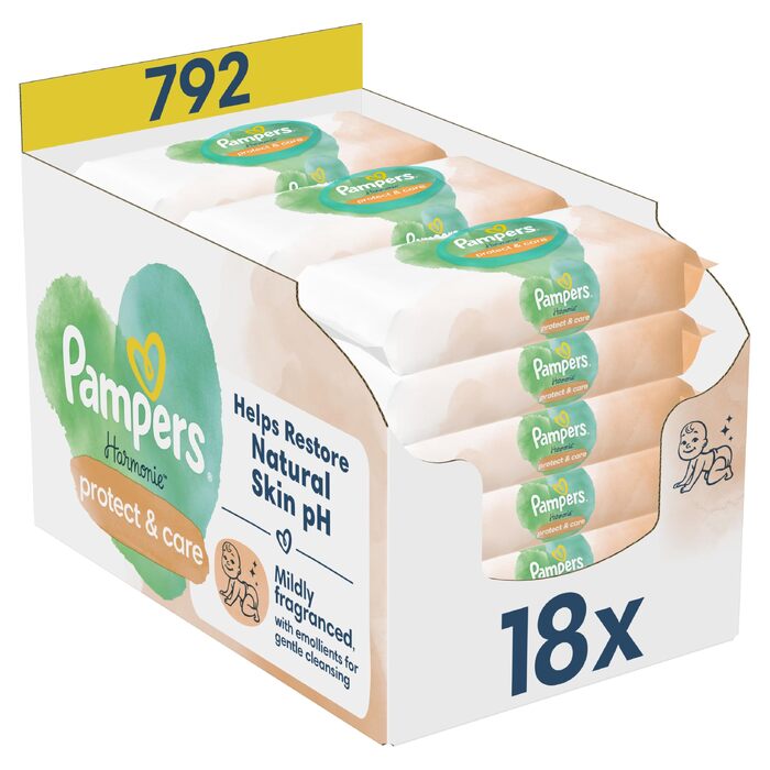 Дитячі вологі серветки Pampers Harmonie Protect & Care, без віддушок, 18 упаковок по 44 шт (792 серветки)