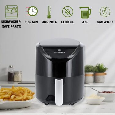 Аерофритюрниця Just Perfecto 3,5 л, 1200 Вт, чорна, з екраном, без олії, 7 програм, для картоплі фрі, міні фритюрниця
