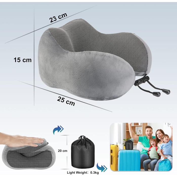 Ергономічна дорожня подушка для шиї Eono з ефектом пам'яті (Memory Foam) у комплекті з маскою для сну, берушами та сумкою, темно-сіра