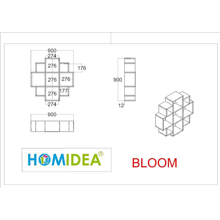 Настінна полиця Homidea Bloom, книжкова, декоративна, сучасний дизайн, біла/чорна, для вітальні