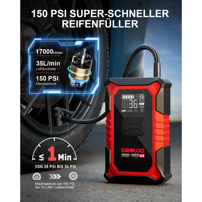 Пусковий пристрій GOOLOO A3 Jump Starter 3000A з компресором 150 PSI та функцією Powerbank