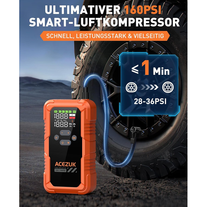 Пусковий пристрій ACEZUK 9000A з компресором 160 PSI та павербанком, помаранчевий