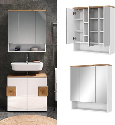 Дзеркальна шафа для ванної Vicco Eden, білий глянець/дуб Артизан, 70x77,5 см, 3 двері