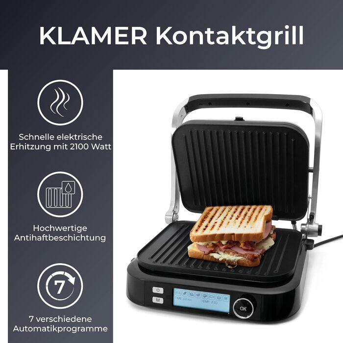 Контактний гриль KLAMER з 7 автоматичними програмами, знімні пластини з антипригарним покриттям, 2100W, чорний & нержавіюча сталь