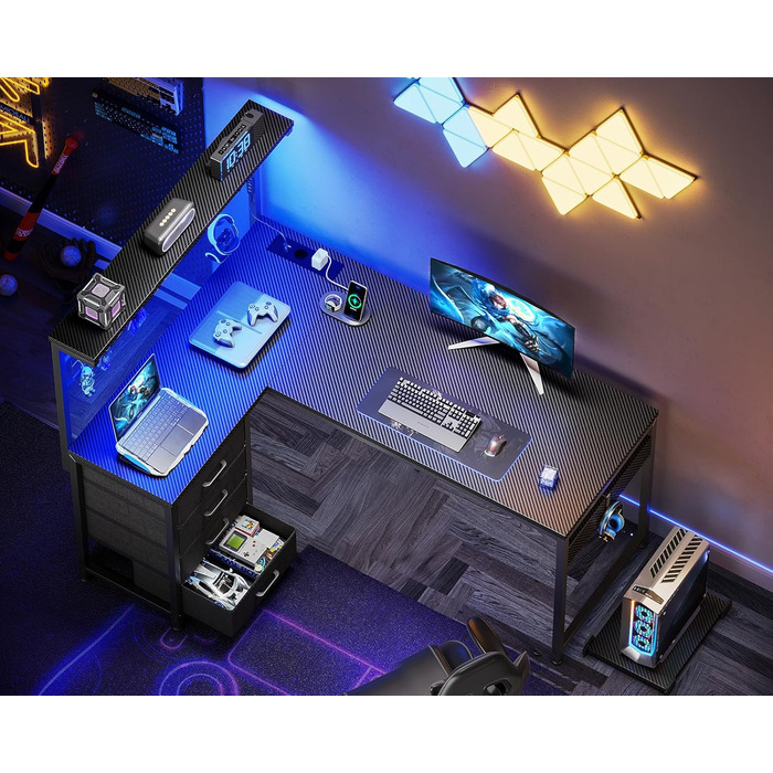 Ігровий стіл Coleshome з LED підсвічуванням, 110x80 см. Зручний стіл з шухлядами та розетками, кутовий, з полицею та місцем для зберігання. Чорний, карбон.