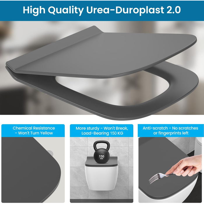 Сидіння для унітазу Q-подібне з мікроліфтом (Soft Close), Duroplast, сіре, 430×345 мм, зі швидким монтажем