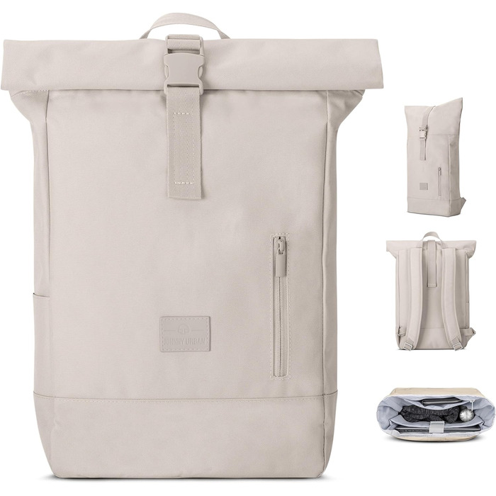 Рюкзак Johnny Urban Robin Medium бежевий, роллтоп, з відділенням для ноутбука 15L, водовідштовхувальний, для жінок і чоловіків, університет, бізнес, велосипед, екологічний