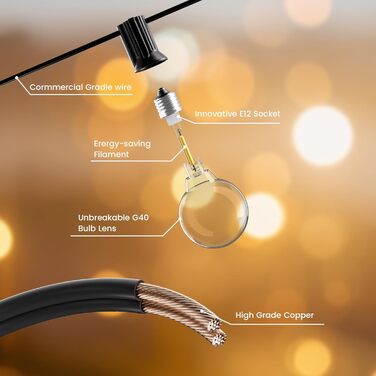 LED гірлянда Bomcosy 60м, G40 для вулиці, 100+4 лампочки, IP44, тепле світло для саду, тераси, вечірки