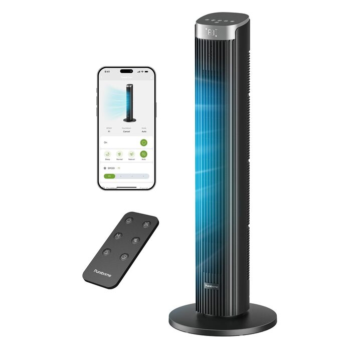 Вентилятор вежний Leiser Smart Tower, 90° осциляція, 4 режими, таймер 12 год, 86 см, чорний