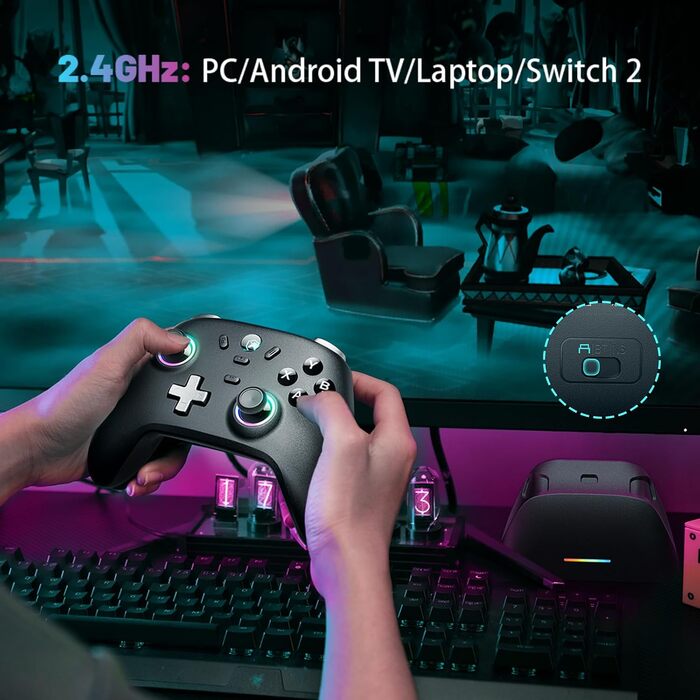 Ігровий бездротовий контролер ECHTPower для PC, Switch, Steam Deck, Android, iOS — RGB підсвітка, Hall-джойстики, Turbo, вібрація, акумулятор 800mAh (Чорний)