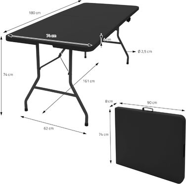 Складаний кемпінговий стіл ML-Design 180x74 см, чорний, пластиковий, з ручкою для перенесення, для саду, тераси, балкона, 6 осіб, складаний партійний стіл, валізний стіл, стіл для фуршету та розпродажу