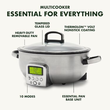 Електричний мультиварка GreenPan Elite 5,6 л, антипригарне керамічне покриття без PFAS, для смаження, тушкування, варіння рису, посудомийна машина, LED-дисплей, сріблястий нержавіючий корпус