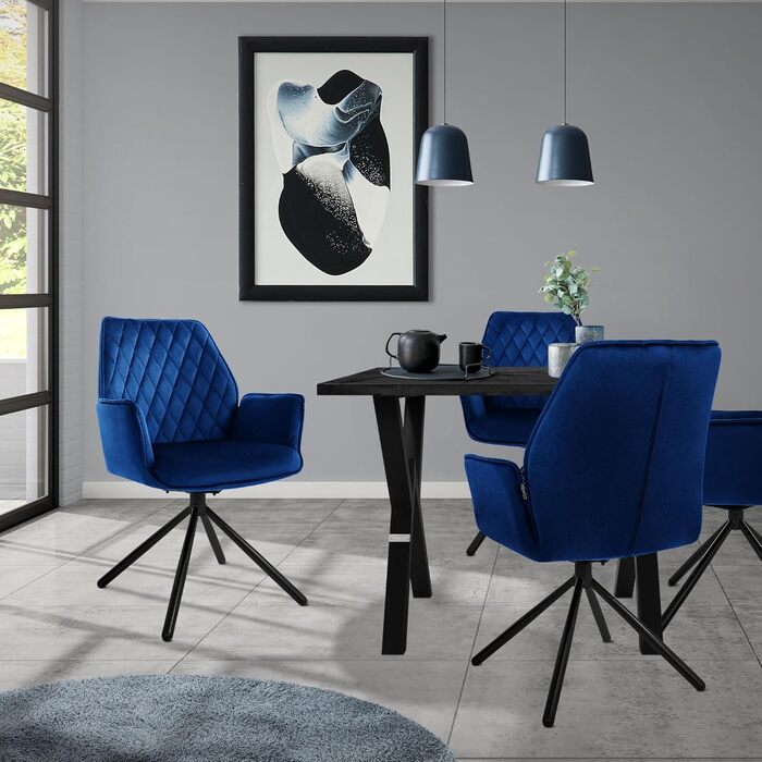 Крісла для їдальні ML-Design, комплект з 4 шт., темно-синій, з м'якою оббивкою з велюру, поворотні, з металевими ніжками, ергономічні